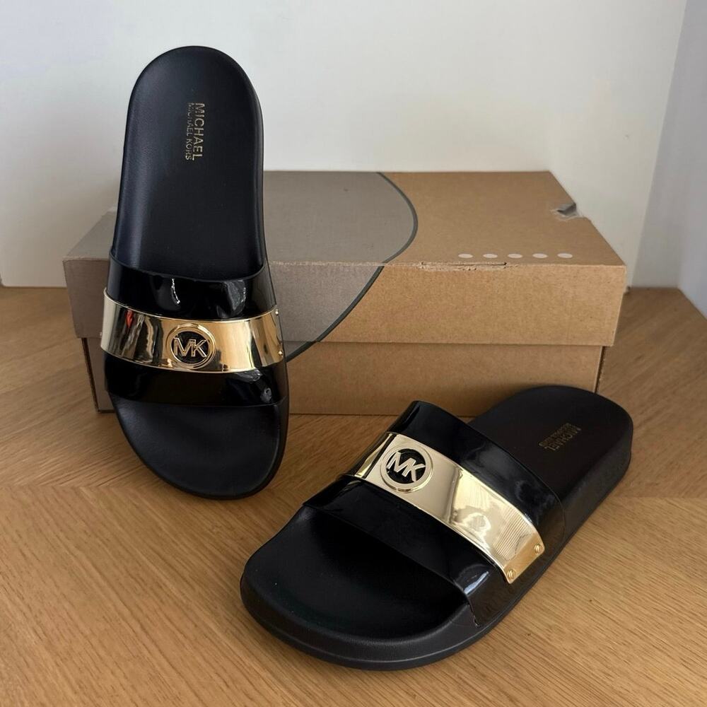 Michael Kors Jett Black/Gold Women Slide Sandals- SZ 8